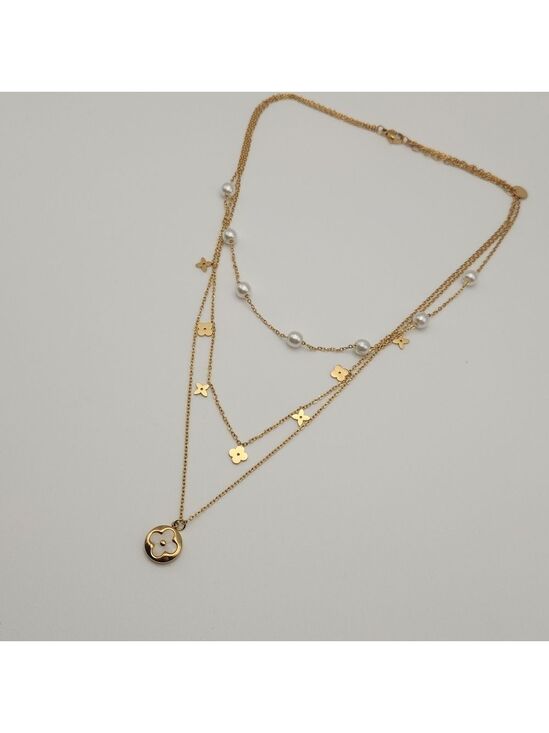 Jewelry - 18K Gold Plated Layered Clover & Faux Pearl Station Necklace